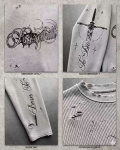 T-shirt personnalisé imprimé en tissu gaufré, impression DTG, motif crâne, effet vieilli, manches longues, coupe lourde pour le streetwear - Product Image 5