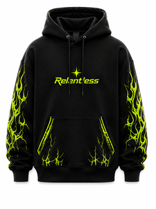 เสื้อฮู้ดดี้สีดำแบบไม่มีลาย แบรนด์ Relentless สำหรับผู้ชาย สไตล์สตรีทแวร์ ทรงโอเวอร์ไซส์ พิมพ์ลายเปลวไฟสีเขียวนีออน ดีไซน์กระเป๋าเสื้อ ผลิตจากโพลีเอสเตอร์ 100% ผ้าเฟรนช์เทอร์รี่ - Product Image 1