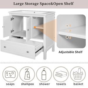 30-Inch Solid Wood Bathroom Vanity with Doors Drawers Ceramic <b>Sink</b> Practical <b>Storage</b> Cabinet - Product Image 4