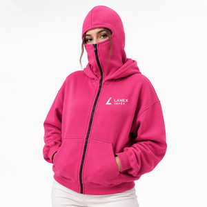 Sudadera con capucha y máscara facial completa de algodón grueso de primera calidad para mujer, con cremallera completa, estilo balaclava, ropa urbana con logo personalizado - Product Image 1