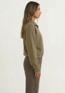 <b>Women's</b> Olive <b>Green</b> Quarter Zip Sweatshirt Full Sleeve Solid Color Stand Collar Casual Knitted Cotton <b>Fleece</b> Autumn Wear - Product Image 3