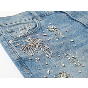 Pantalones Cortos de Mezclilla Personalizados para Hombre con Pedrería, Pantalones Cortos de Jean Lavados de Primera Calidad, Ropa Urbana de Lujo, Fabricante OEM ODM de Marca Privada - Product Image 5