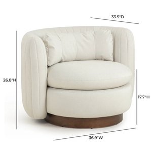 Fauteuil d'appoint pivotant moderne en tissu crème avec accoudoirs à détails cannelés, design tonneau et base ronde en bois pour salon - Product Image 3