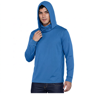Men's Adults <b>Blue</b> Hooded <b>Long</b> <b>Sleeve</b> Fishing Shirt with Front Logo Face Mask Coverage UPF 50 Breathable Solid Color Pullover <b>Top</b> - Product Image 5