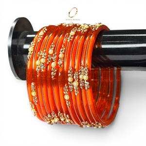 Bijoux indiens directement de l'usine, bracelets en verre kashmiri orange en forme de goutte de pluie, plaqués or, cristaux, pour mariage et occasions festives, prix de gros - Product Image 1