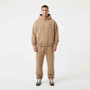 Ensemble de survêtement décontracté pour homme, couleur unie beige, avec capuche, coupe ample, coton, pantalon et sweat-shirt à cordon de serrage et poches - Product Image 2
