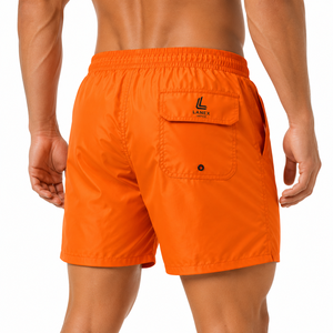Shorts de bain pour hommes personnalisés, couleur orange, séchage rapide, taille élastique, cordon de serrage, légers, shorts de plage, poches, OEM 100% - Product Image 4
