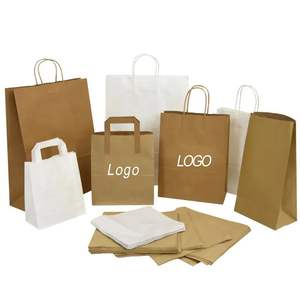 Sacs en papier kraft noir jetables personnalisables avec logo imprimé, pour la livraison de nourriture, les courses, les cadeaux et les travaux manuels, avec poignées. - Product Image 4