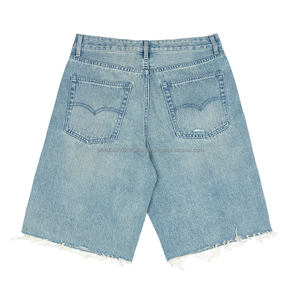 Streetwear bleu longueur genou Cargo Denim Shorts personnalisé qualité lavage déchiré ourlet décontracté rétro hommes court avec poche - Product Image 3