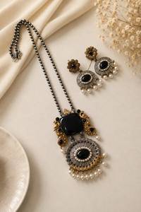 Beautiful Designer Antique Oxidized Pendant Necklace <b>Set</b> with Matching Earrings | <b>Pearl</b> Detailing | Ethnic Statement Jewellery - Product Image 2