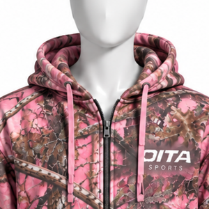 Pink Woodland Print <b>Zip</b> Up <b>Hoodie</b> Mens Outdoor Casual Hooded Sweatshirt with Drawstring Front <b>Pockets</b> Warm Streetwear Jacket - Product Image 3