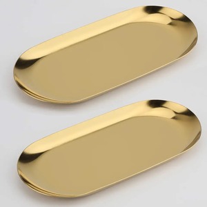 Gold Oval Metal Serving <b>Plates</b> Polished Mirror Finish for Party Dinnerware Set of 2 Pcs Decorative Metal Gold Serving Tray - Product Image 1