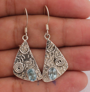 Handmade Antique Finish Blue Topaz Leaf Drop <b>Earrings</b> <b>Solid</b> 925 <b>Silver</b> Botanical Foliage Jewelry Wholesale Jaipur Artisan - Product Image 3