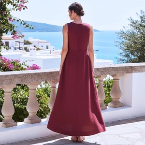 Elegante Vestido Maxi Borgoña sin Mangas, Corte A, Cintura Natural, Formal, de Verano, Tejido de Poliéster, Color Sólido, con Dobladillo Acampanado - Product Image 2