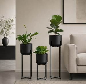 Minimalist Eco-Friendly Durable Flower <b>Stands</b> with Gray Ribbed Planters Black Metal Frame Indoor Use for Green <b>Plants</b> Home Decor - Product Image 2