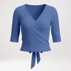 Camiseta de mujer con cuello en V acanalado, manga corta, ajuste ceñido, estilo cruzado, para yoga y baile - Product Image 2