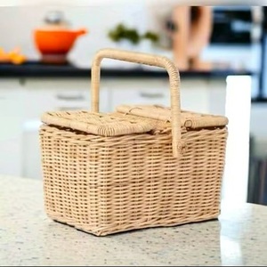 Vintage Wicker <b>Bamboo</b> Wooden Picnic <b>Basket</b> With Handle Rectangle Shape Double Lid Handcrafted Storage <b>Basket</b> For Outdoor Use - Product Image 3