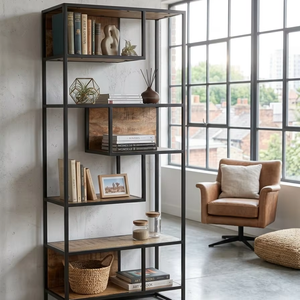 Bookshelf Iron/wd Book Shelf Black <b>Pc</b> / Natural Ar Metal Pipe / Mango Aara Wood in bulk price furniture collection - Product Image 1