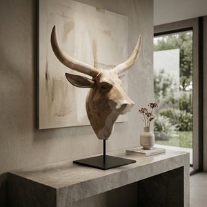 Buffalo Suge Stand Handcrafted <b>Wooden</b> Animal Head Sculpture <b>Rustic</b> Tribal Tabletop Decorative Artwork Metal Stand Home Decor - Product Image 4