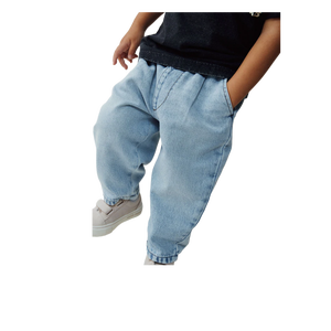 Boys Light Blue Wide Leg Denim <b>Jeans</b> Mid <b>Waist</b> Loose Fit Breathable Casual Spring Summer Autumn Wear Cotton Acid Wash Style - Product Image 1