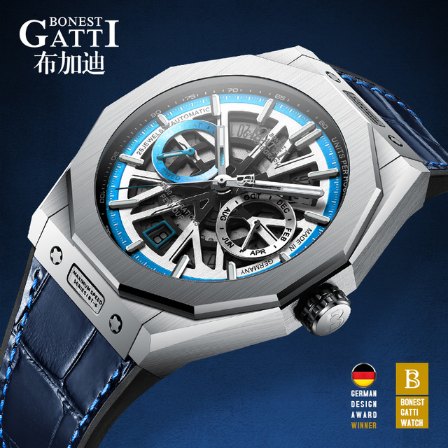 Bonest Gatti Automatic Mechanical Watch Men Stainless Steel Waterproof Skeleton Luxury Dress Wristwatch BG9601 Speed Blue BG9601