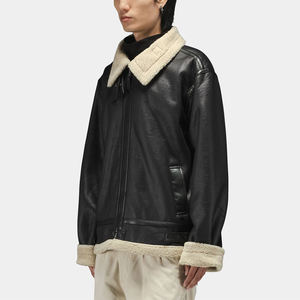 Veste en cuir véritable noire pour homme, col rabattu, doublure en sherpa, fermeture éclair, coupe-vent, vêtements d'hiver, style moto - Product Image 3