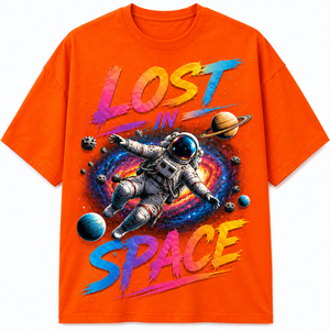 เสื้อยืดผู้ชายสีดำพิมพ์ลายนักบินอวกาศ Lost in Space แขนสั้น คอกลม ทรงปกติ สวมใส่สบาย ผ้าฝ้ายเจอร์ซีย์ 100% ระบายอากาศได้ดี น้ำหนัก 180 กรัม ทรงยาว - Product Image 1
