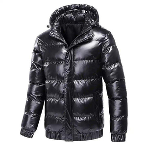 Chaqueta acolchada con capucha para hombre, color negro brillante, gruesa, para invierno, con relleno de plumón, a prueba de viento, con cierre de cremallera. - Product Image 2