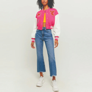 Veste de baseball courte rose pour femme, broderie lettre M « You've Got This », style preppy, manches longues, fermeture boutonnée, décontractée - Product Image 4