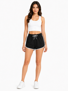 Shorts de course pour femmes Premium Black Dolphin avec bordure contrastée blanche, tissu léger et doux, taille ajustable avec cordon de serrage - Product Image 5