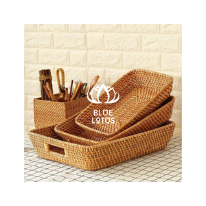 [DISPONIBLE] |   Panier en rotin tressé à la main, boîte de rangement, plateau de service pour cuisine, garde-manger, aliments, fruits, pain, organisateur, Vietnam - Product Image 1