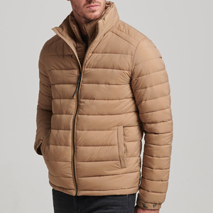Men's Winter Puffer Jacket Stand Collar <b>Covered</b> <b>Button</b> Closure Windproof Solid Color Casual Slim Fit Cotton Wadding Front - Product Image 1