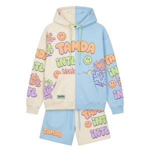 Oversized Hoodie Sweat Shorts <b>Tracksuit</b> 2 Piece | Custom Fleece Two Piece Hoody Set <b>Tracksuit</b> - Product Image 1