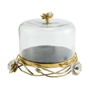 Gold Brass <b>Cake</b> <b>Stand</b> Clear Glass Cloche Dome <b>White</b> Flower Vine Wire Base Round Metallic Dessert Holder <b>Cake</b> <b>Stand</b> For Hotel - Product Image 1