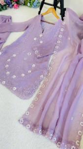 2026 O-Neck Currency silk 3-Piece Thread & Sequnce work Kurti Plazzo Dupatta FullSleeves Fully Stitched With Waist <b>Elastic</b> <b>Belt</b> - Product Image 3