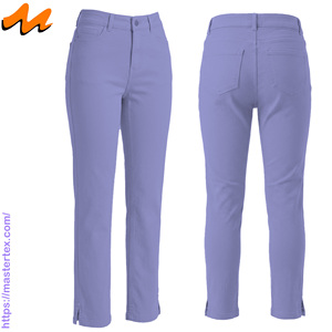Pantalon décontracté pour femme, coupe régulière, cinq poches, ourlet fendu, tissu respirant, été-printemps, coton élasthanne 6,64 oz - Product Image 1
