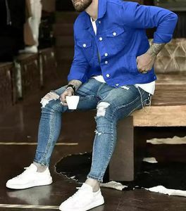 Men's Blue Denim Jacket Casual Button Front Solid Color Slim Fit Autumn Winter Cotton Knitted Topstitch Design Eco-Friendly - Product Image 6