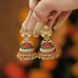 Pendientes Jhumki de Templo con Piedra Pota Bañados en Oro, de Latón y Acero Inoxidable, con Aro, Circonita y Perla, Estilo Étnico y de Moda para Fiestas -10574443PGR - Product Image 3