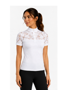 Custom OEM Women Lace Patchwork <b>Equestrian</b> Show Shirt White Short Sleeve Stand Collar Horse Riding Polo Competition Tops - Product Image 3