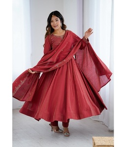 Conjunto de traje Anarkali de seda Chanderi con brillo romano puro, a la moda, con pantalón y dupatta, listo para usar, vestido étnico de fiesta para mujer - Product Image 1