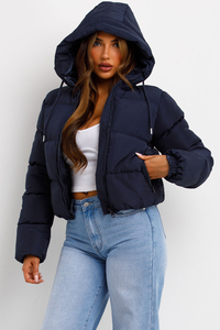 Wholesale Cropped Hooded Puffer Jacket Full Drawstring Zip Bubble Padding Winter <b>Down</b> Warm Outerwear Bulk Supply - Product Image 6