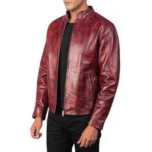 Men’s <b>Burgundy</b> Red Genuine <b>Leather</b> Bomber <b>Jacket</b> Vintage Distressed Finish Full Zip Premium Casual Winter Outerwear - Product Image 3