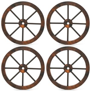 Set di 4 Ruote di Carro Rustiche in Legno di Abete Carbonizzato da 24 Pollici per Decorazioni Western, con Cerchio in Metallo Rinforzato - Product Image 1
