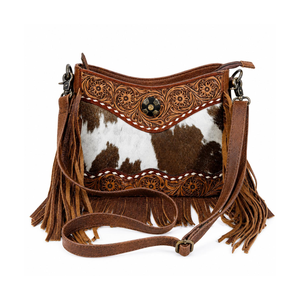 Hand Tooled Genuine Leather Hair on Hide Crossbody Bag for Women Western Floral Fringe Shoulder Purse Handmade Vintage <b>Handbag</b> - Product Image 1