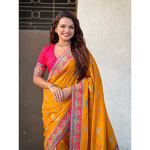 Sari traditionnel en soie de viscose pure Elite Weaves avec imprimé moutarde 750g pour robes de cocktail - Product Image 2