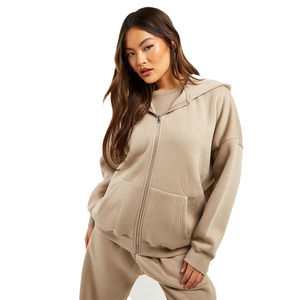 Womens Solid Beige Oversized <b>Zip</b> Up Hoodie Long Sleeve Fleece Jacket Custom Logo OEM ODM Wholesale Apparel - Product Image 5