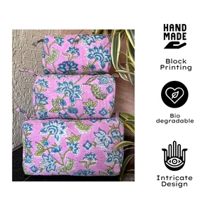 Premium Durable Hand Block Printed Quilted Cotton Travel Cosmetic Organizer Set of 3 Waterproof Utility Pouches Pink & Purple - Product Image 1
