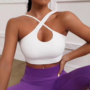 Chic Criss-<b>Cross</b> Front White Sports Bra with Front Cutout Strappy Yoga <b>Top</b> for Wholesale - Product Image 1