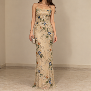 Elegante Vestido de Fiesta con Cuentas y Flores, Vestido de Noche con Tirantes Finos, Cuello Cuadrado, Largo hasta el Suelo, Estilo Tubo, Natural y Cómodo - Product Image 1