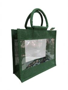 Sac cadeau en jute vert avec fenêtre transparente, taille moyenne, origine Bengale occidental, sac de shopping, sac d'emballage personnalisé avec logo pour boutique de détail - Product Image 1